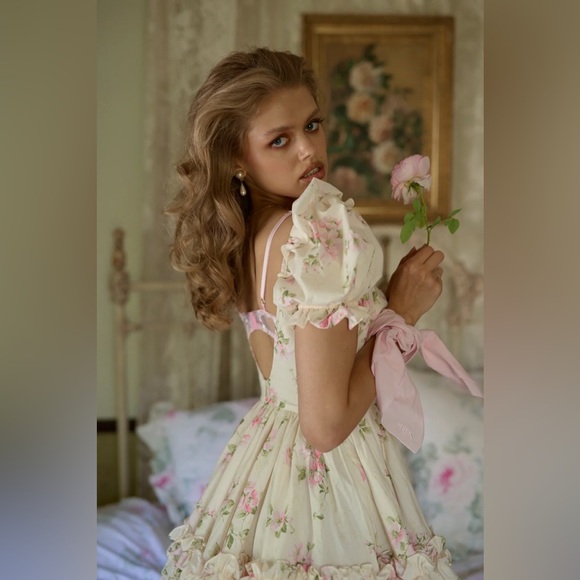 NEW Selkie Summer Home Girls Night Out Mini Ruffle Dress Pink Cream Floral | XS - Picture 2 of 15